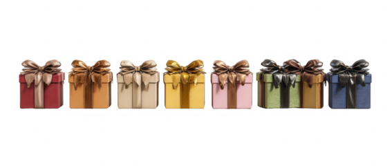 Row of colorful gift boxes with gold bows