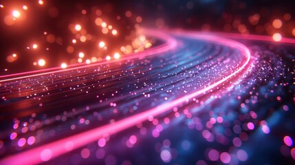Abstract curved pathway of pink light, surrounded by bokeh orbs of red and blue, suggesting flow and energy
