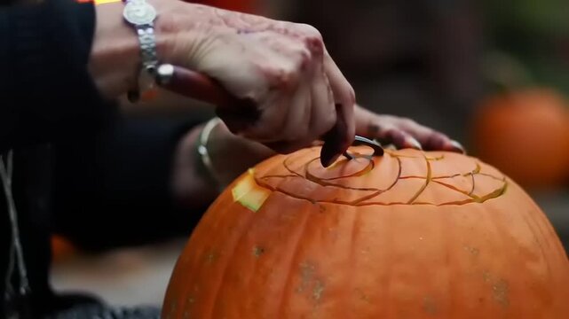 A person skillfully carving intricate patterns into a pumpkin during a festive autumn gathering outdoors
