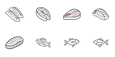 Fish and fish fillet icon set for blogs, websites, clipart, seafood, menu, healthy eating, educational and awareness materials, presentations
