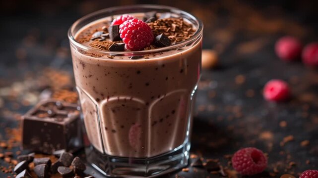 Chocolate dessert drink in a clear glass garnished with fresh raspberries and chocolate shavings, surrounded by dark chocolate pieces on a textured surface