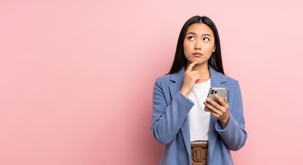 Thoughtful Young Asian Woman in Blue Blazer Holding Smartphone, Pondering Ideas Against Soft Pink Background