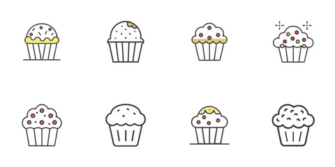 Muffin icon set for blogs, websites, clipart, dessert, sweets, party, menu, bakery, educational and awareness materials, presentations