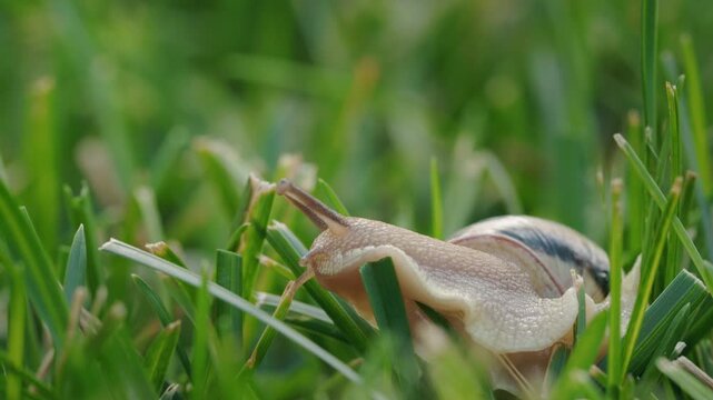 Wild snail with striped shell moving slowly through dense green grass, blending into its surroundings in a sunny natural environment