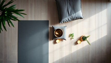 Aerial view of yoga mat pillows singing bowl and plants on a wooden floor bathed in sunlight