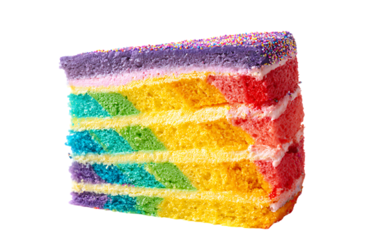 On transparent background a closeup view of a rainbow cake slice with distinct colorful layers and a purple
