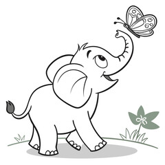 Cartoon Elephant Playing with a Butterfly | Cute Black and White Vector for Kids and Coloring Books