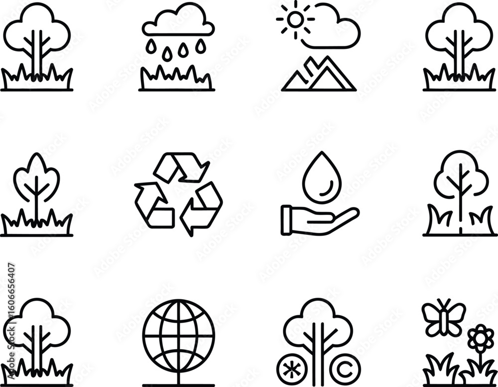 Poster set of simple line art icons representing nature and environmental concepts