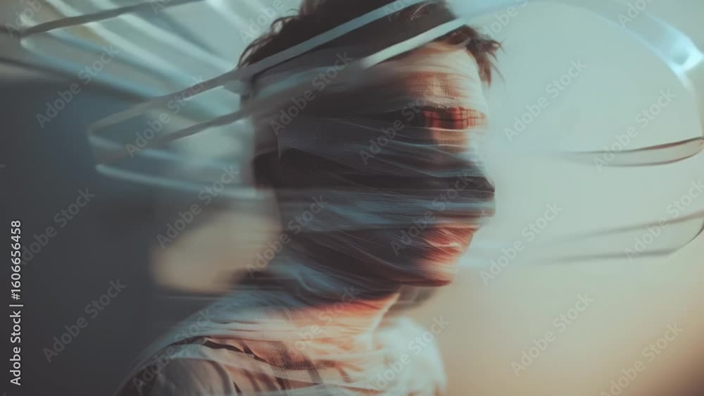 Poster artistic exploration of identity and perception through distorted visuals in a creative setting