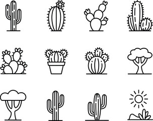Collection of hand drawn cactus and desert plant icons