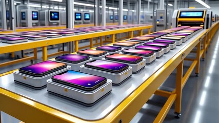 Modern factory producing smartphones moving along a conveyor belt, showcasing advanced manufacturing technology - Powered by Adobe