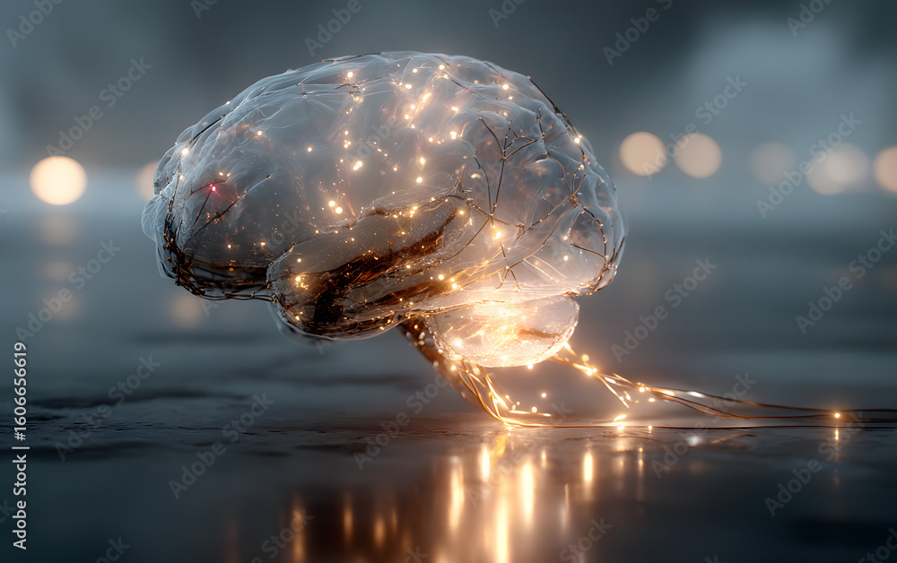 Poster a brain made of wires and lights is floating on a dark surface. the brain is surrounded by a blurry 