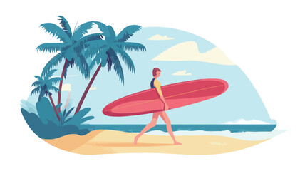 A vector illustration depicting a woman walking along a sandy beach towards the ocean, carrying a large red surfboard. The background features palm trees, a calm sea, and a bright blue sky with 