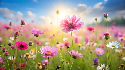 Fototapeta premium Photo of cosmos flowers blooming in a sunny meadow