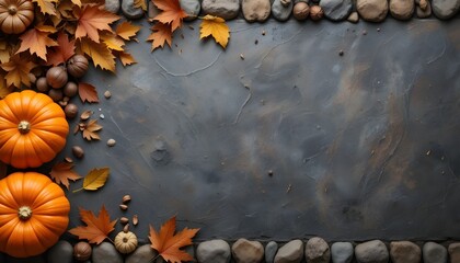  Autumn Harvest Border with Pumpkins, Leaves, and Nuts on Slate Background