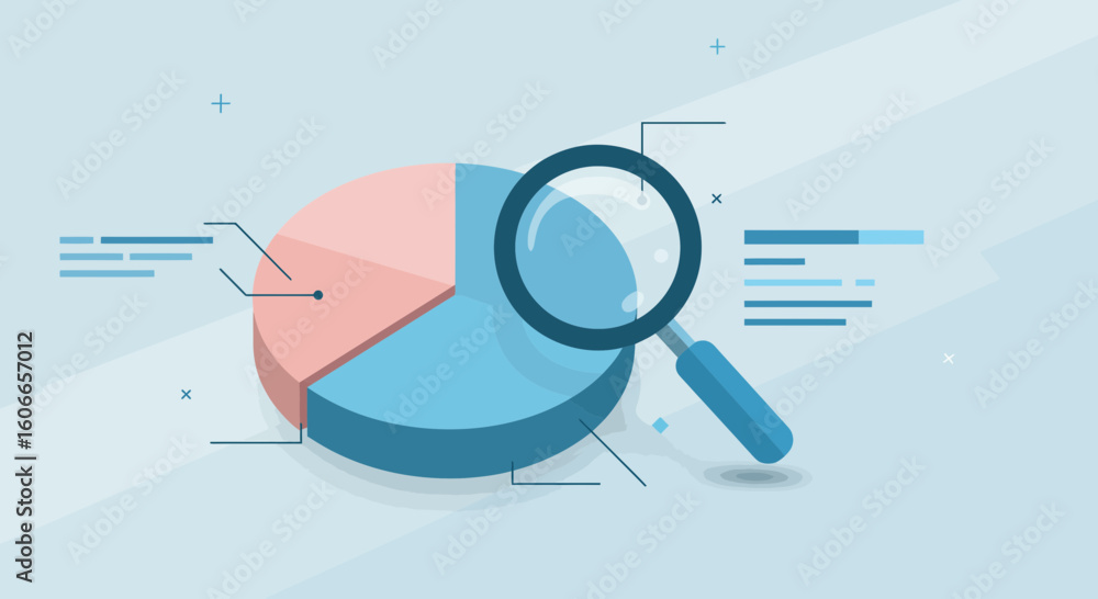 Poster financial analytics and statistical overview using a magnifying glass to inspect a pie chart for ins