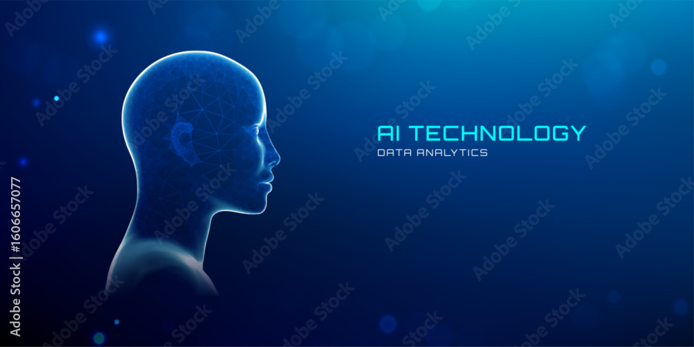 Poster ai avatar head digital face 3d with robot human. futuristic blue neon scan effect for recognition te