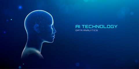 AI avatar head digital face 3D with robot human. Futuristic blue neon scan effect for recognition technology and security concepts. Abstract mesh or particle network designs for cyber intelligence.