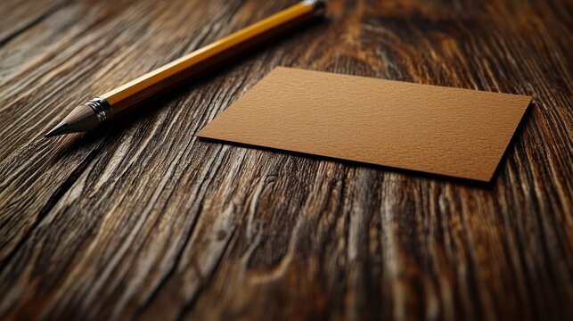 Blank tan business card on wooden table with pencil
