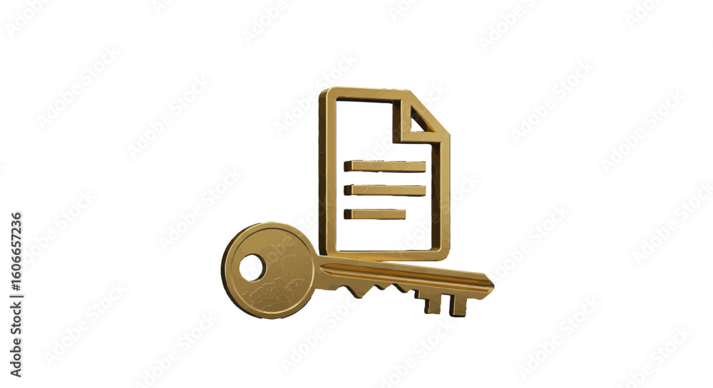 Poster a golden 3d icon of a key and a secure document, representing data encryption, information access, a