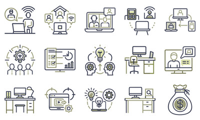 IT and remote work icon set for blogs, websites, clipart, business, technology, freelance, online, educational and awareness materials, presentations