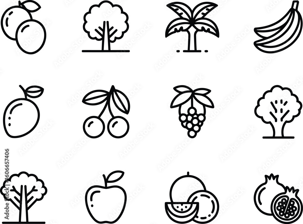 Poster collection of stylized fruit and tree icons in a simple line art style