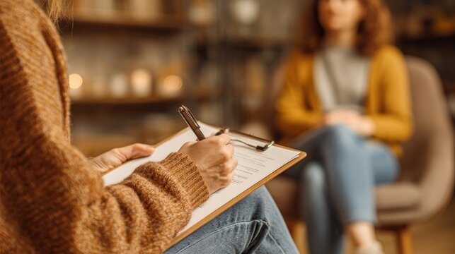 A person wearing a brown sweater takes notes on a clipboard during a therapy session with a woman sitting on a chair in the background.