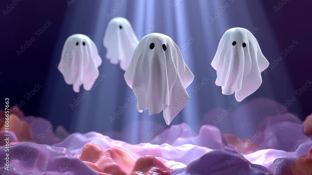 Poster three whimsical ghost figures floating above a colorful, abstract landscape, illuminated by soft bea