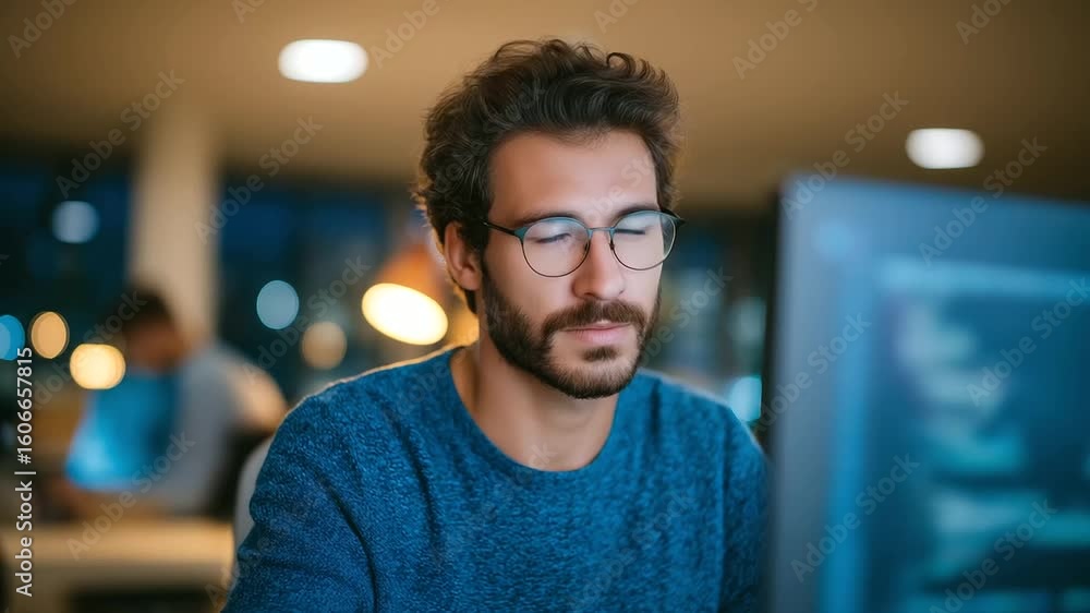Poster concentrated programmer working on code in a contemporary office setting.