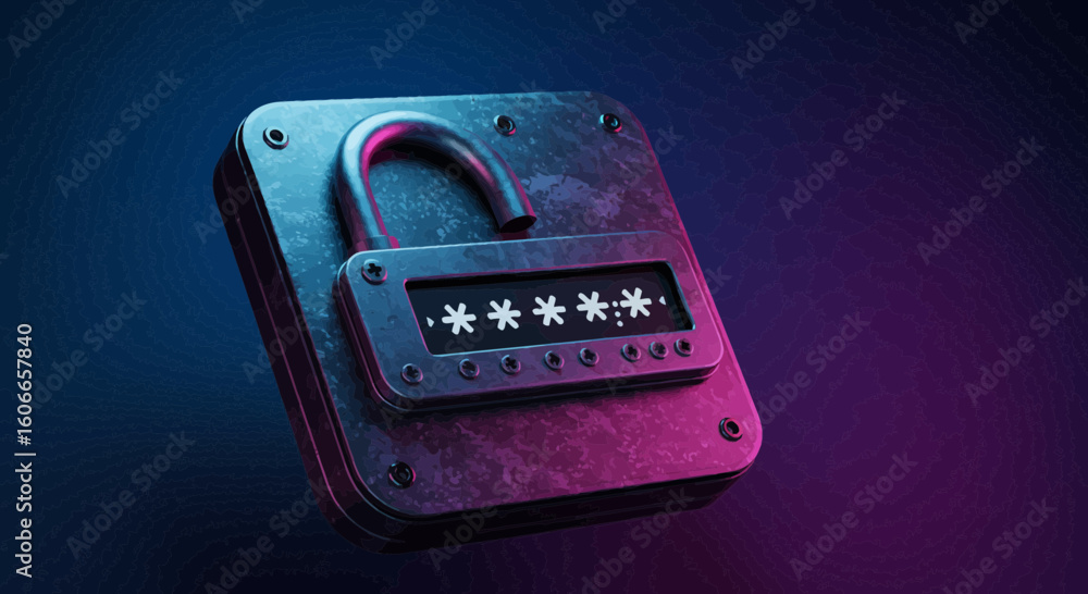 Poster cybersecurity concept with a futuristic unlocked padlock and password field under neon light. digita