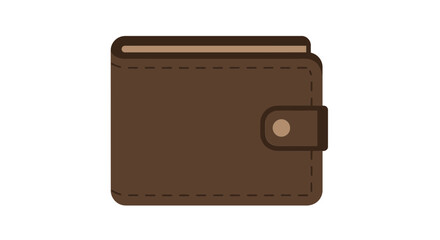 Minimalist brown wallet icon shown closed with stitching detail. A flat design graphic symbol for payment, wealth, and economy.