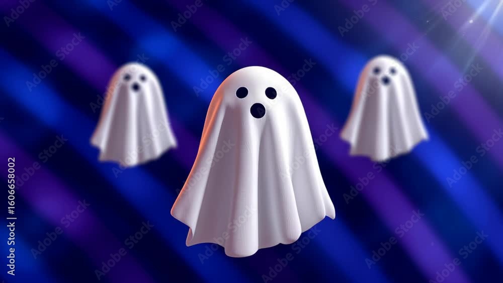Poster three playful ghost characters with white sheets floating in a colorful abstract background, creatin