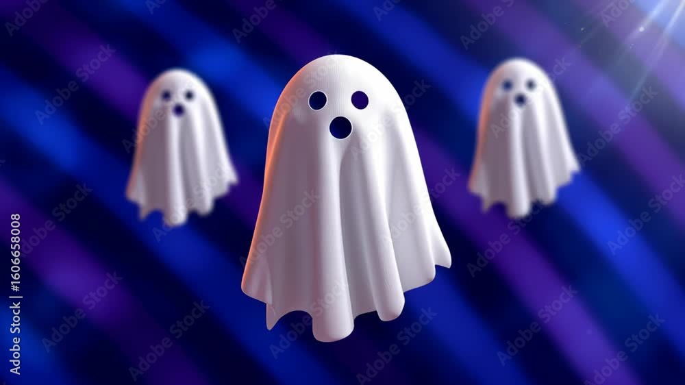 Poster three playful ghost illustrations floating in a whimsical atmosphere, featuring soft textures and vi