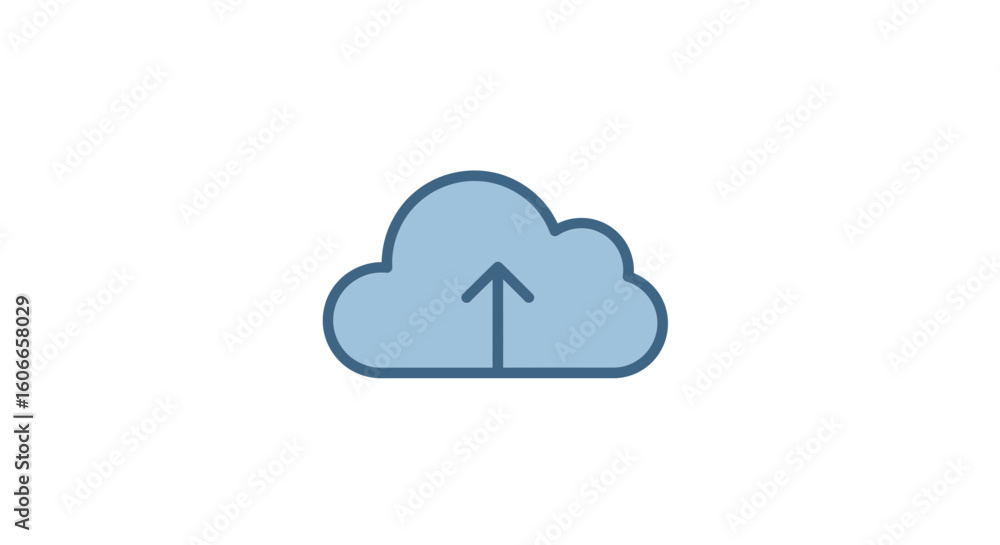 Poster simple blue line icon of a cloud with an upload arrow, symbolizing data transfer, online storage, an