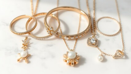 Elegant golden jewelry collection with pearl and gemstone accents displayed on a clean white marble surface