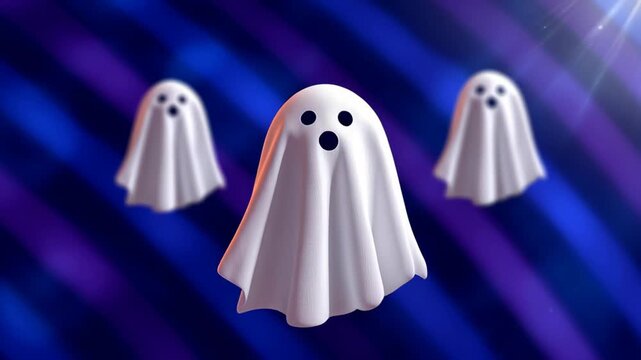 Three playful ghost characters with white sheets floating in a colorful abstract background, creating a whimsical atmosphere perfect for Halloween-themed designs and festive decorations