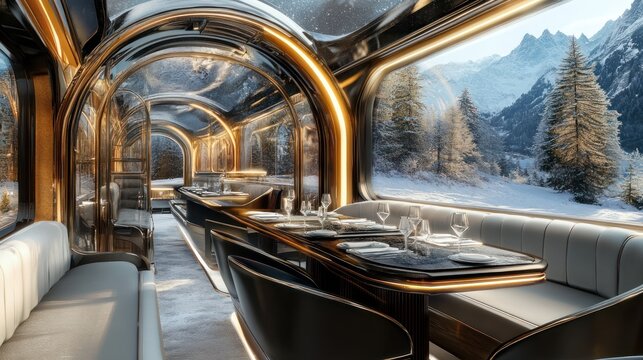 Luxurious train dining car in the mountains