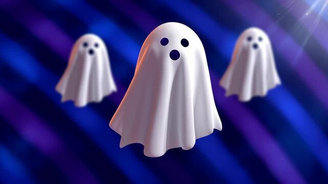 Three playful cartoon ghosts with white sheets and expressive faces floating against a vibrant purple and blue abstract background, creating a whimsical and spooky atmosphere for Halloween-themed desi
