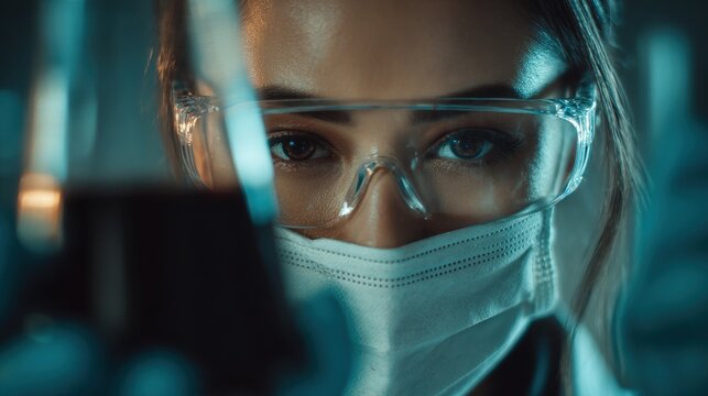 A close-up of a scientist wearing protective goggles and a face mask, focused on an experiment in a lab setting.