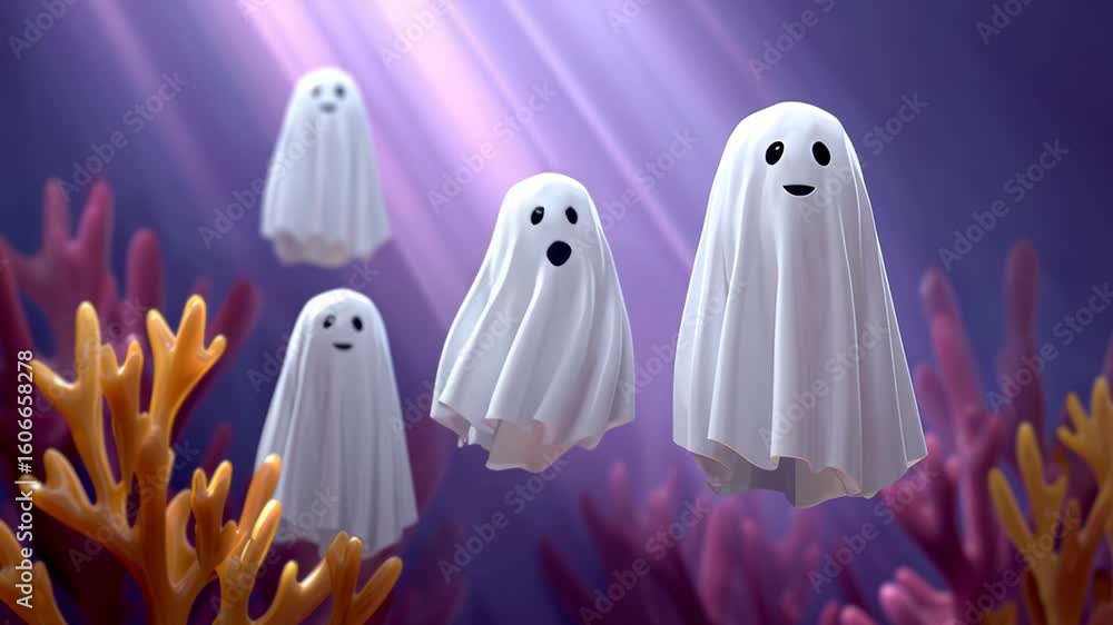 Poster playful ghost characters floating in an underwater scene surrounded by colorful coral, showcasing a 