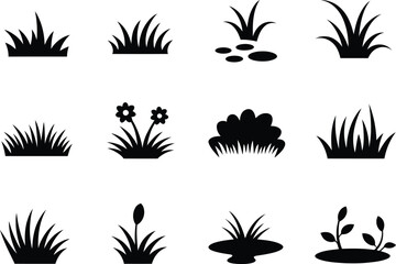 Collection of black silhouette icons representing various types of grass and plants