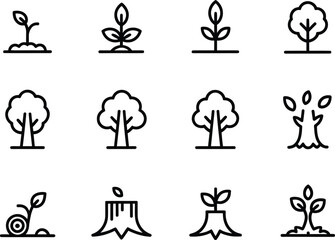 Tree growth stages icons set representing plant development and life cycle