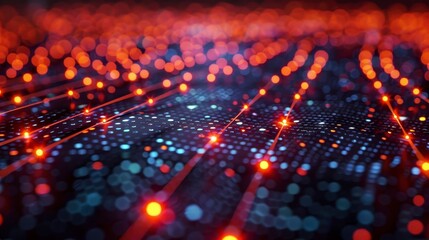 Abstract glowing red lines connect dots over a blue grid background