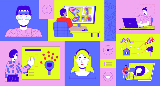 Biometrics and eye tracking bento grid illustration set. Human-computer interaction and technology 2D vector image collage design graphics collection. Diverse flat characters moodboard layout