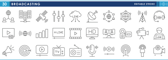 A set of line icons related to Broadcasting. Broadcast, radio, TV, network, server, camera, live, record, satellite, and so on. Vector editable stroke.