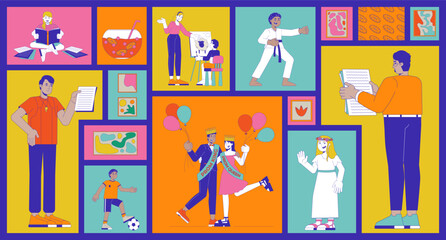 School life with art, sports and celebration bento grid illustration set. Extracurricular fun 2D vector image collage design collection. Diverse student activities flat characters moodboard layout