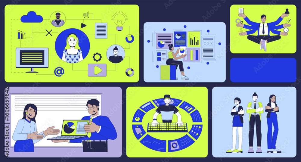 Aufkleber business strategy and digital analytics bento grid illustration set. team collaboration, data analys