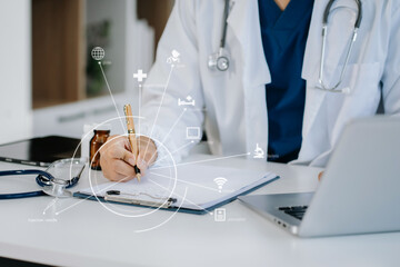 Medical students working with tablets and hospital documents