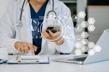 Doctors use a service fee calculator to save money on health insurance, drug cost concepts.