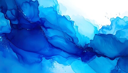 Abstract flowing blue ink painting on white